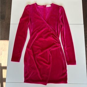 Altar’d State Hot Pink Velvet Long Puff Sleeved Dress, Size S